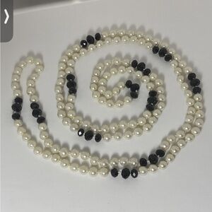 Vintage Knotted 62 Inch Faux Pearl Black Faceted Glass Bead Necklace